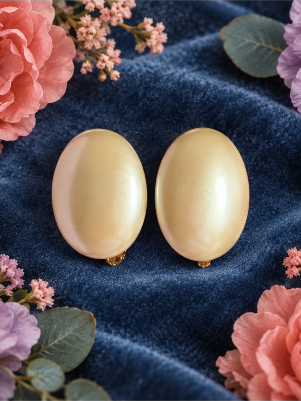Vintage Oval Faux Pearl Screw Back Earrings Ivory Gold Tone